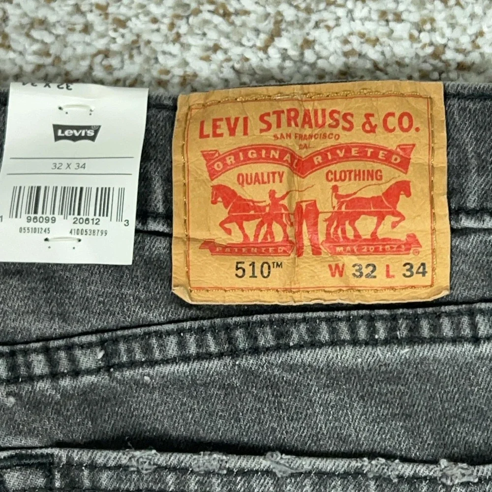 Levis 510 Jeans Mens 32x34 Gray Skinny Stretch Denim Distressed Charcoal Paint